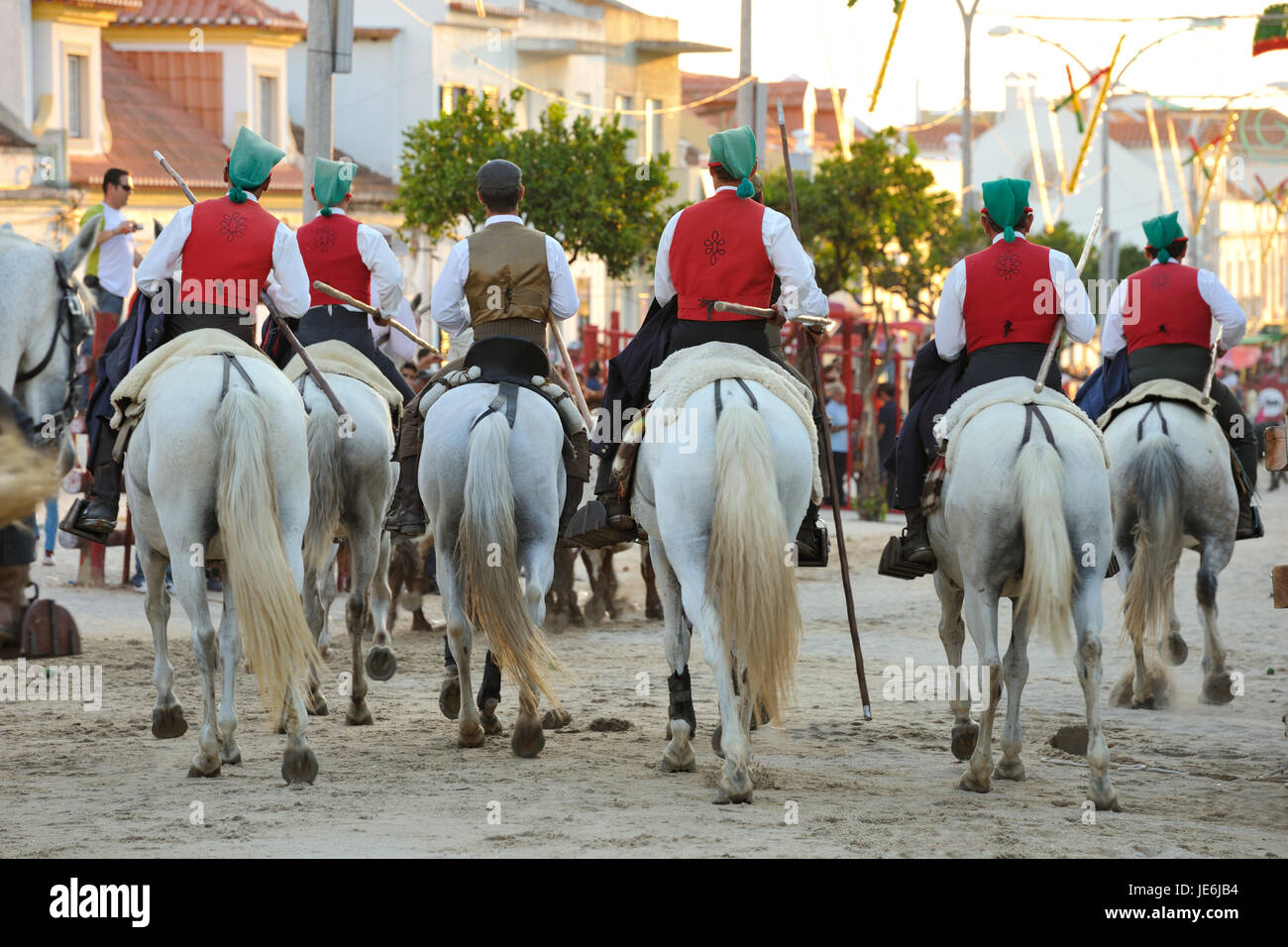 Traditionellen Betrieb der wilde Stiere durch die "Campinos", während der Festlichkeiten Barrete Verde (grüne Kappe). Alcochete, Portugal Stockfoto