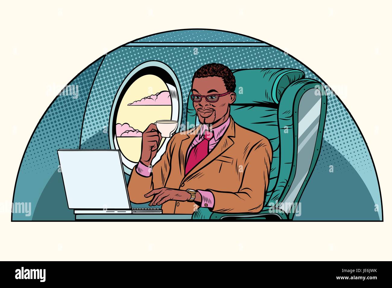 Geschäftsmann, arbeiten in der Businessklasse. Afrikanische amerikanische Volk. Luftfahrt und Reisen. Pop-Art-Retro-Vektor-illustration Stock Vektor