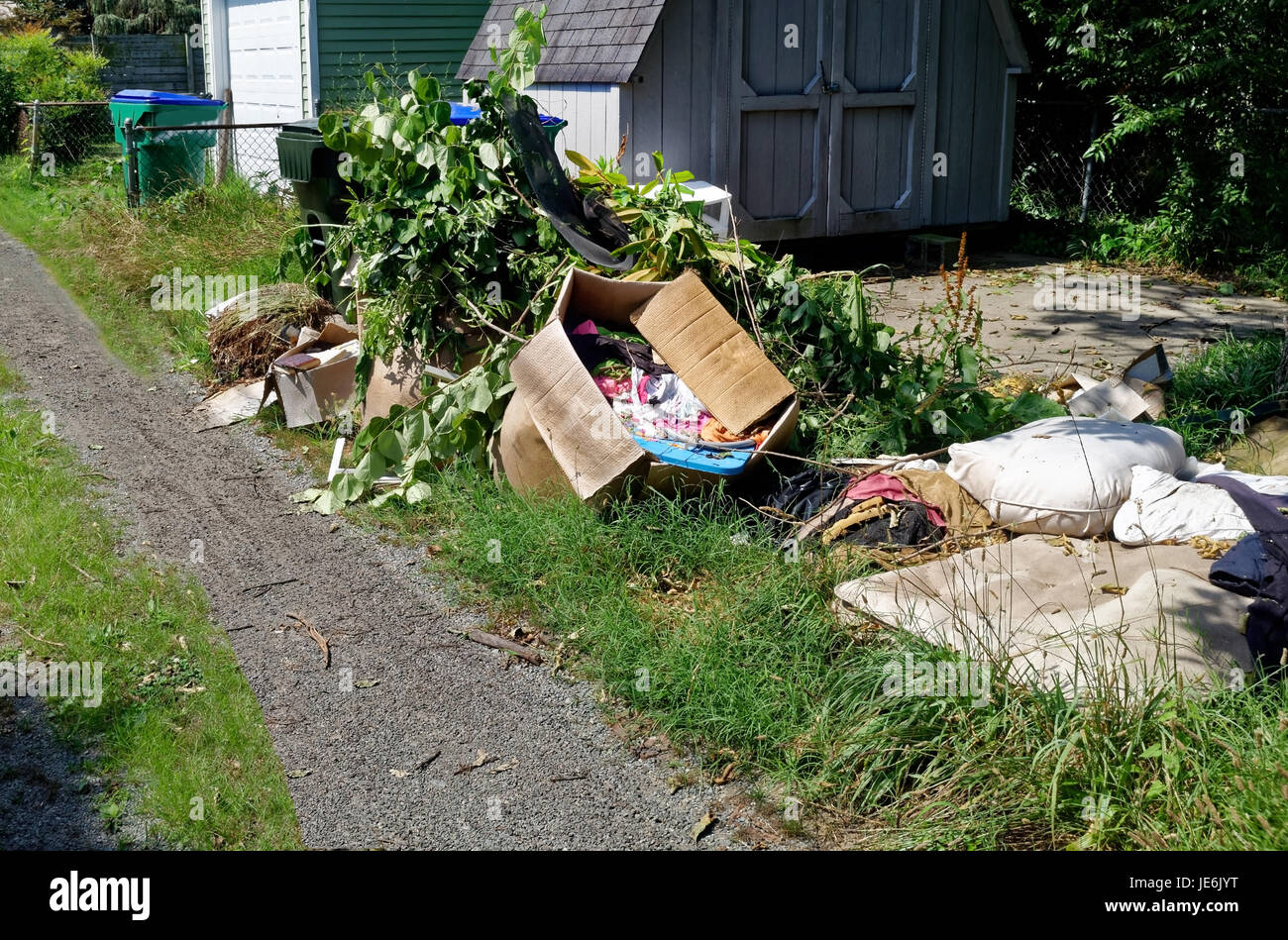 Wohngebiet Allee übersät mit Müll und Schutt. Horizontale. Stockfoto