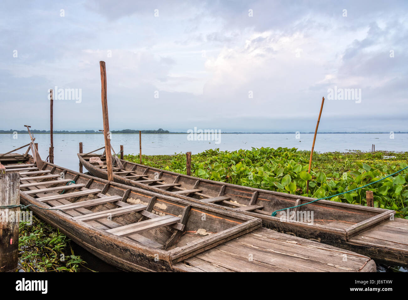 Alte hölzerne Boot schwimmt auf dem Wasser inmitten der Naturlandschaft des morgens am Kwan Phayao See in Phayao Provinz, Thailand Stockfoto