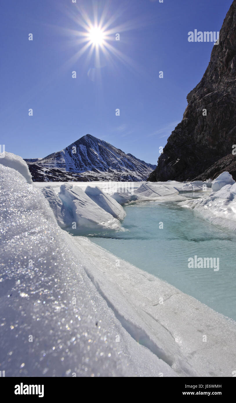 Nordamerika, Kanada, Nordkanada, Nunavut, Baffin Island, Teich, Inlet, Eclipse Ton, packen Sie Eis, Stockfoto