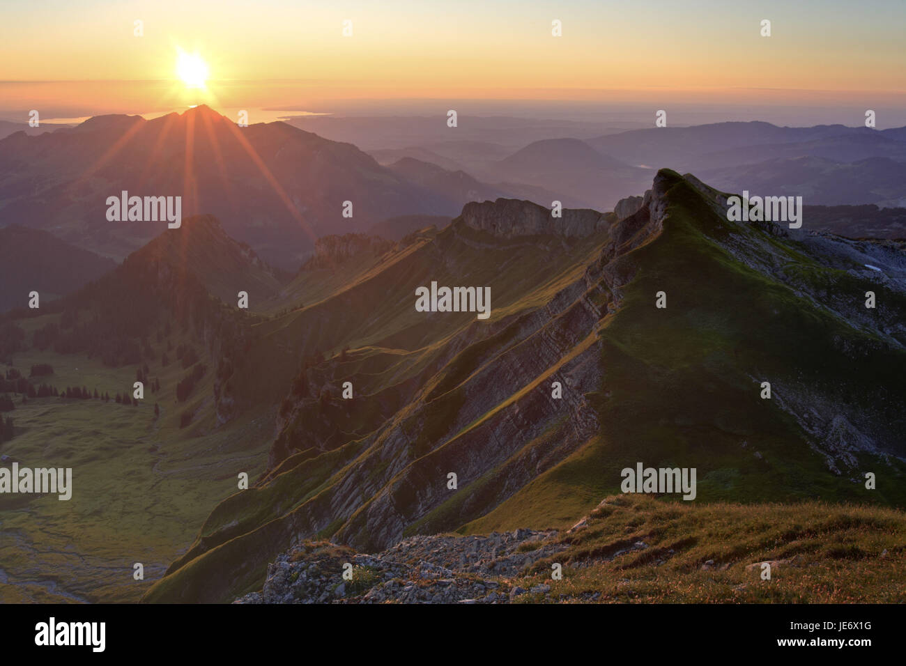 Deutschland, Bayern, Allgäu, oberen Allgäu, Allgäuer Alpen, hohe Ifen, Hintergrund, Bodensee, Iferfluh, Wasenkopf, Sepischrofen, Bregenzer Wald, Vorarlberg, Österreich, Abend, tuning, Stockfoto