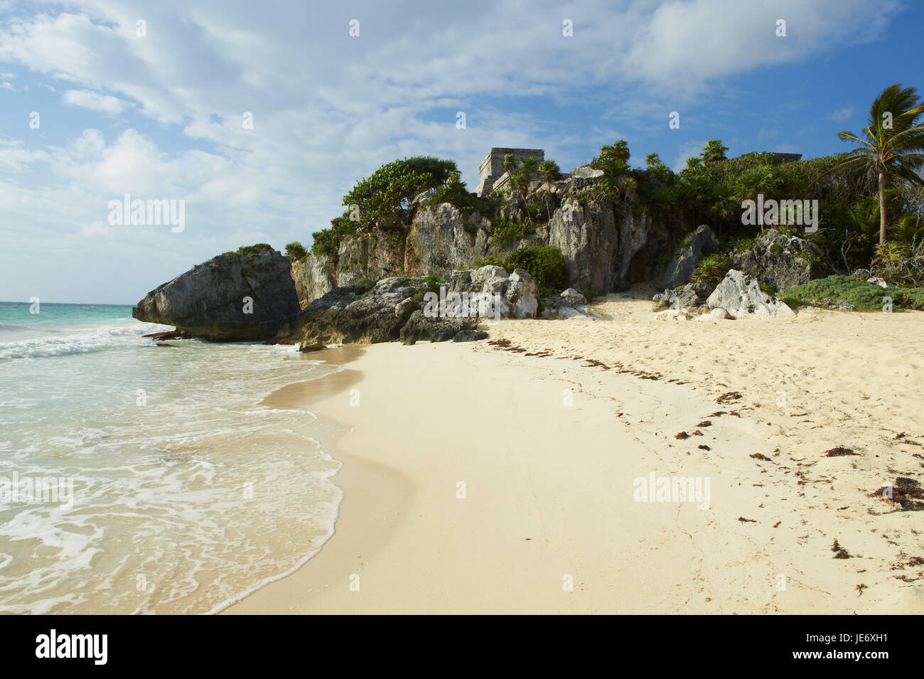 Mexiko, Tulum, Ruine Standort, historischen Maya-Ruinen, Meer, Strand, Tempel el Castillo, Stockfoto