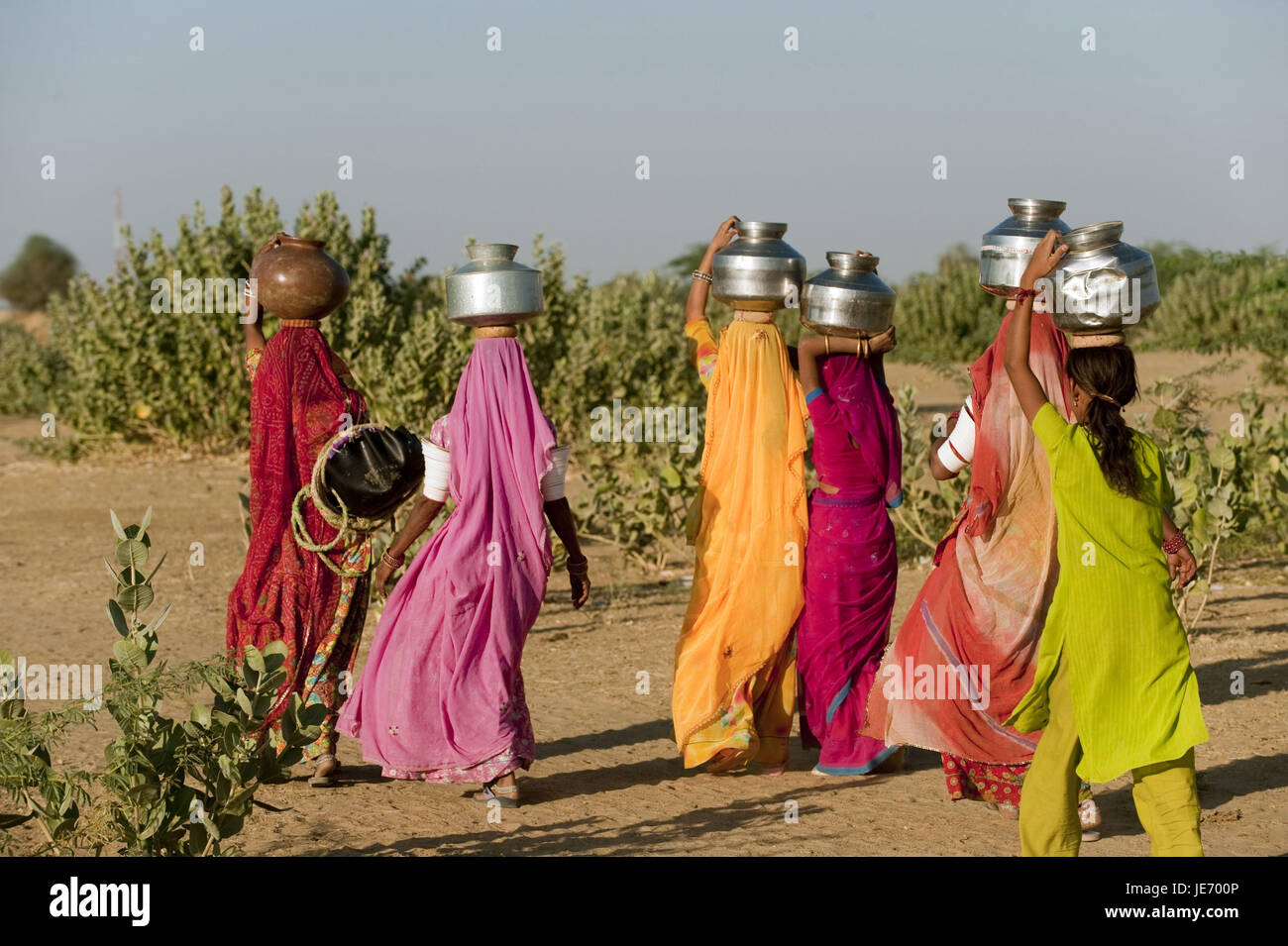 Indien, Rajasthan, Jaisalmer Region, Dorf Khuri, Gruppe von Frauen auf dem Weg zum Brunnen, Rückansicht, Stockfoto