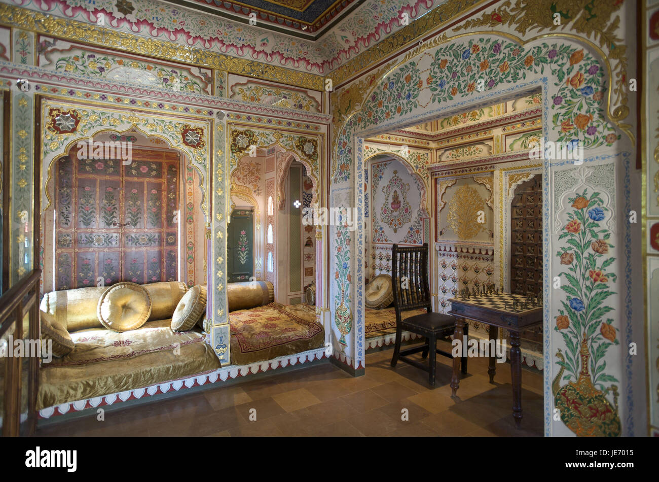 Indien, Rajasthan, Jaisalmer, Patwah-Ki-Haveli, Jeevan Vilas, herrlichen Wohnraum, Stockfoto
