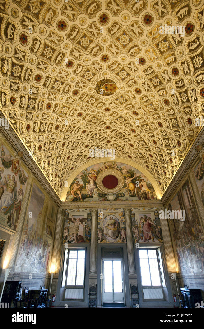 Italien, Toskana, Villa Medici, Salon Leo X, Decke mit Fresken, Stockfoto