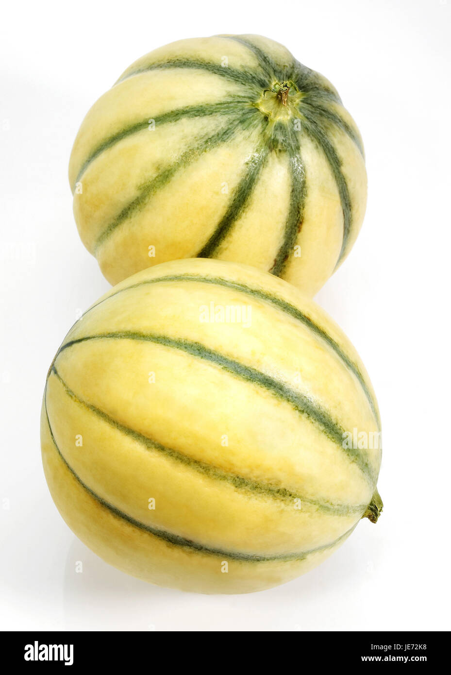 Gelbe Kanarische Honigmelonen, auch gelbe Honigmelone, Amarillo, Tendral Amarillo, Melone, Cucumis Melo, weißem Zucker, Stockfoto