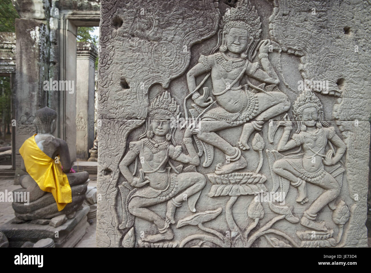 Kambodscha, Siem Reap, Angkor Thom, Bayon Tempel, Vorschlagnote, Relief, Darstellung, Apsara-Tänzerinnen, Stockfoto