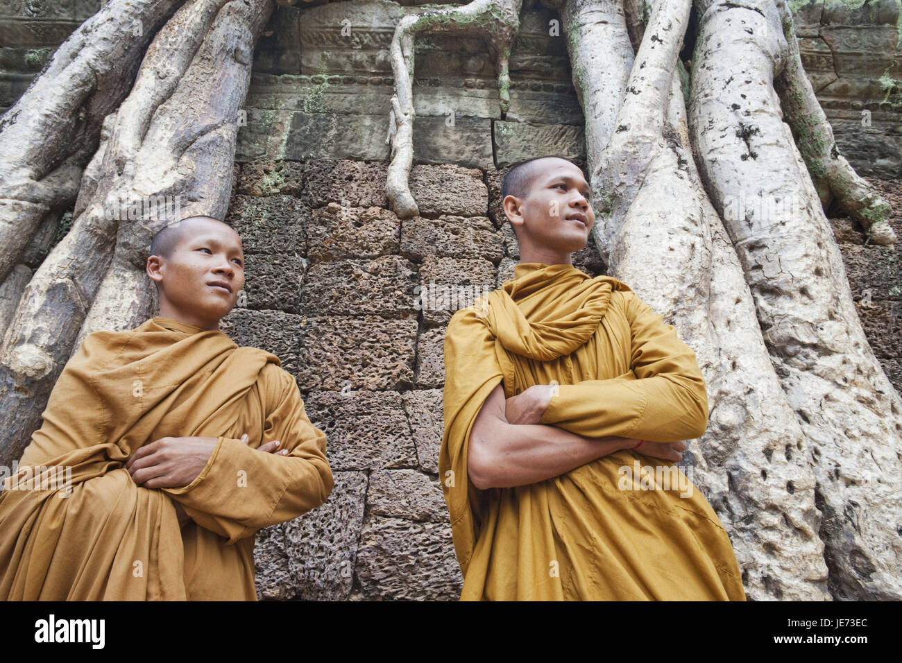 Siem Reap, Kambodscha, Angkor, Ta Prohm Tempel, Baumwurzeln, Mönche, Stockfoto