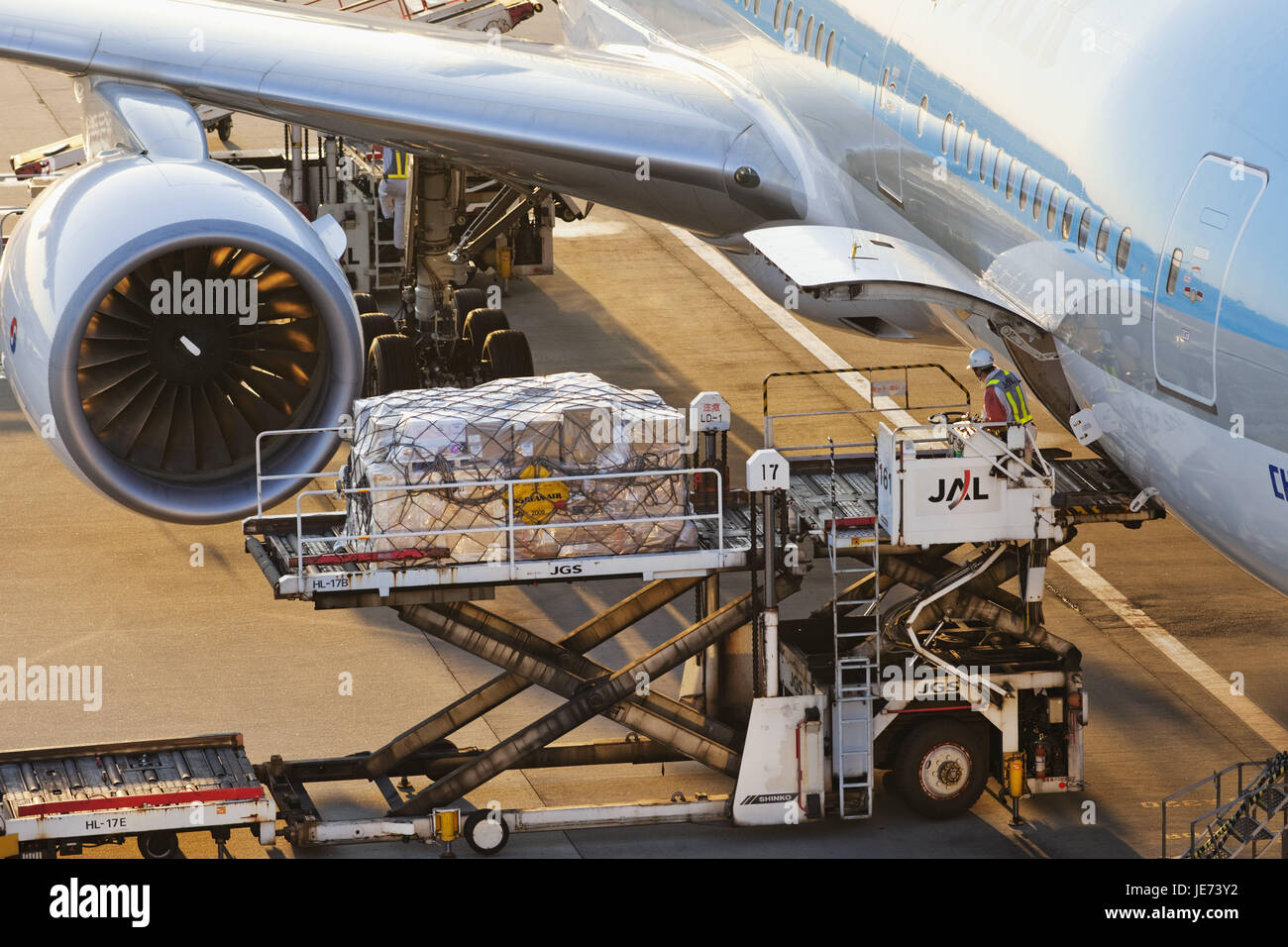 Japan, Tokio Narita International Airport, Landung Feld, Flughafen, Flugzeug, laden im Außenbereich, Reisen, Reise durch die Luft, Urlaub, Ankunft, Abflug, Entlastung, Menschen, Arbeitnehmer, Mann, Besetzung, Stockfoto