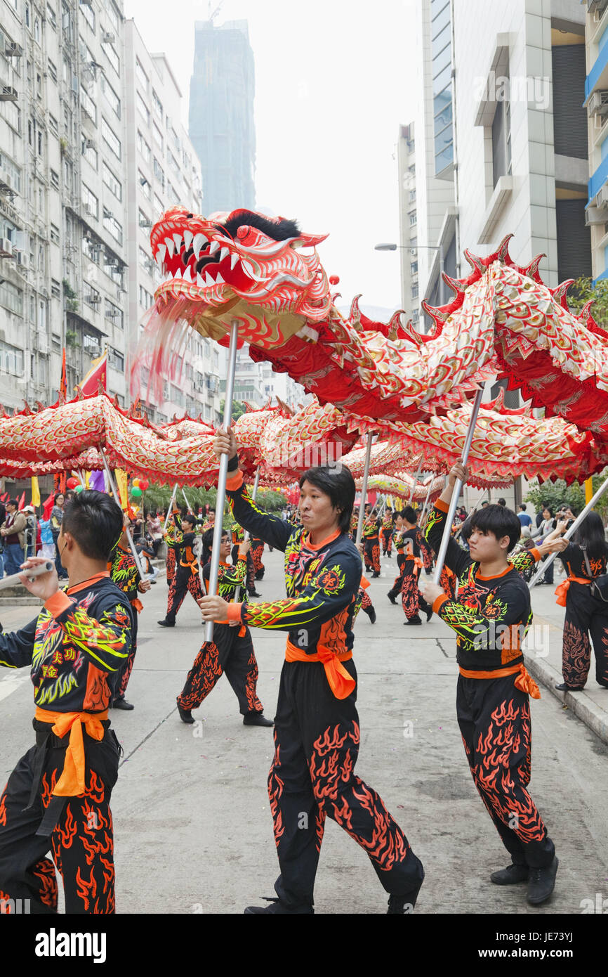 China, Hong Kong, der Drachentanz, Männer, Tradition, Massentourismus, speichern, Drachentanz, Tanz, Kultur, Papier-Drachen, Drachen, in Chinesisch, Menschen, Jugendliche, Touristen, Stockfoto