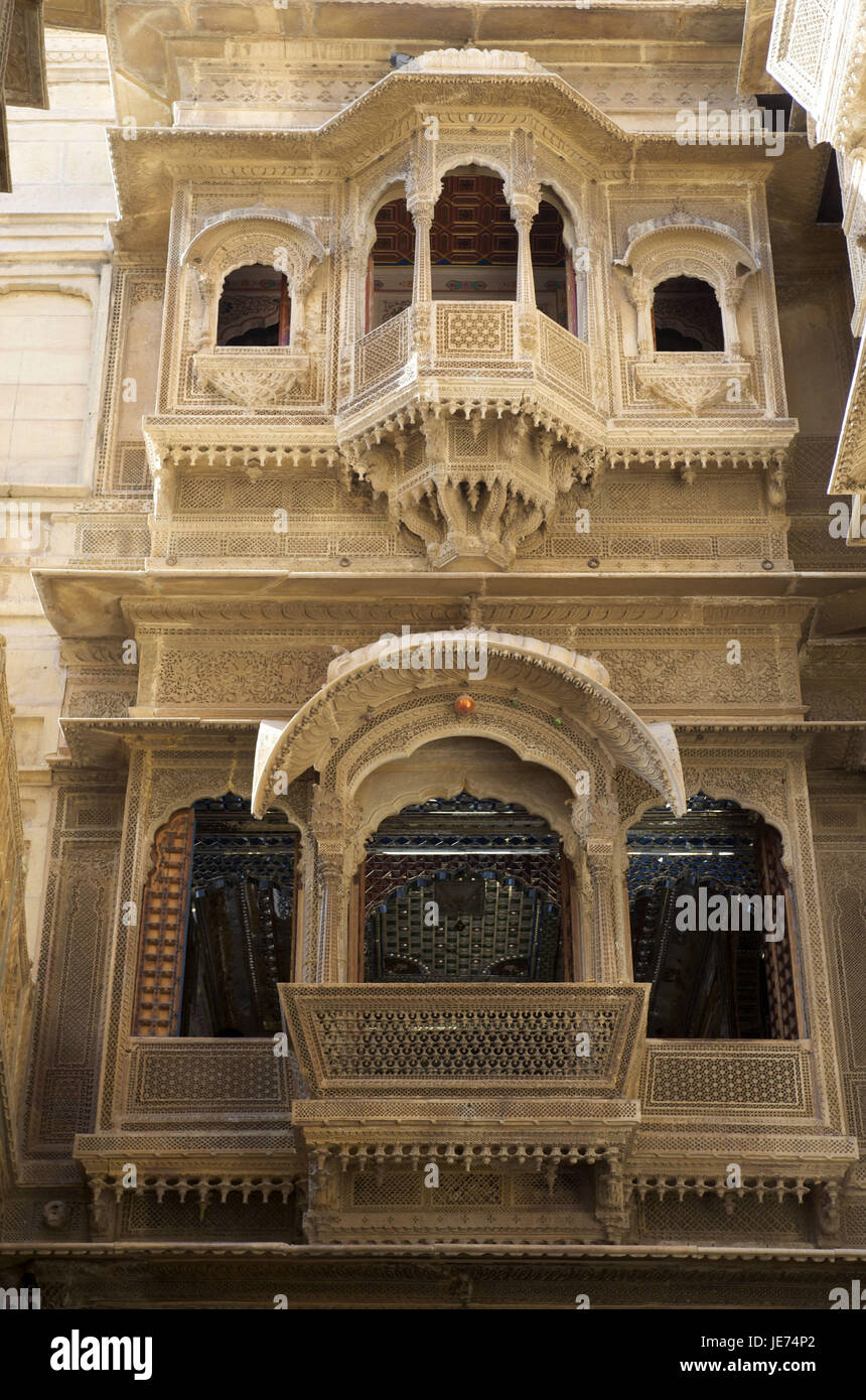 Indien, Rajasthan, Jaisalmer, Patwah-Ki-Haveli, privates Haus mit Havelis und Erker, Stockfoto