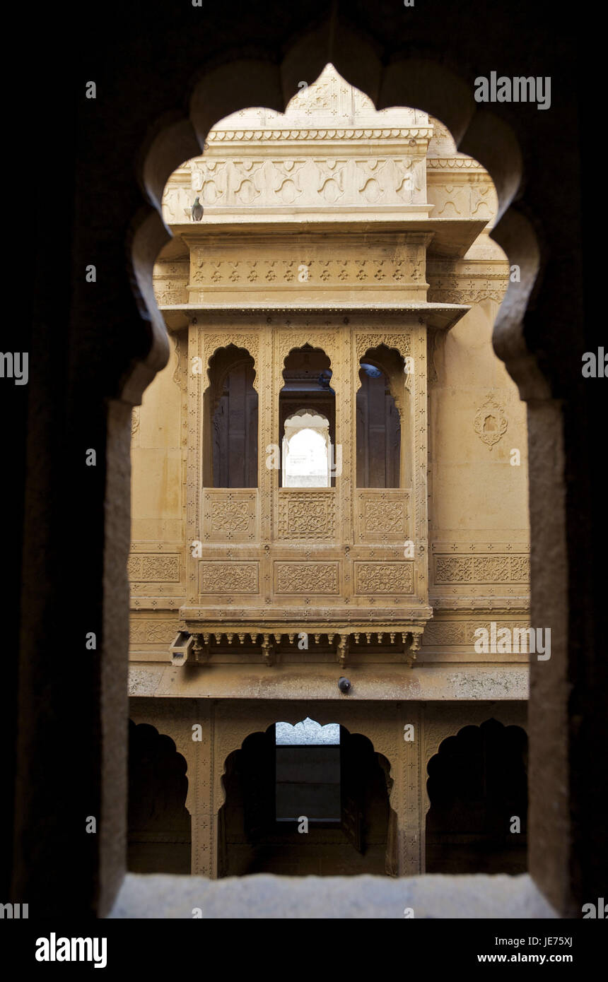 Indien, Jaisalmer, Rajasthan, Patwah-Ki-Haveli, Anzeigen von Haus zu Haus, Stockfoto