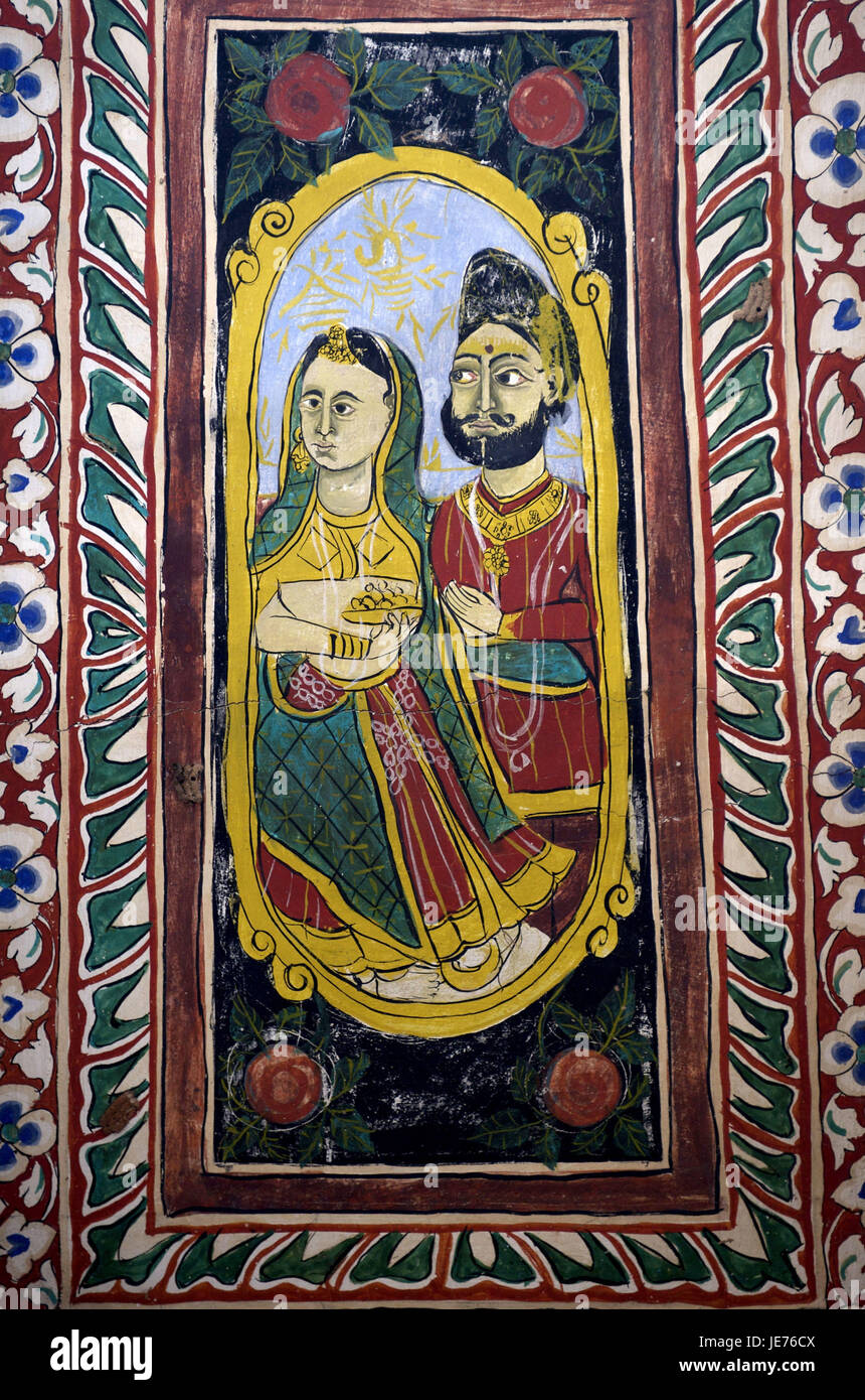 Indien, Rajasthan, Region Shekhawati, Nawalgar, Baghton-Ki-Haveli, Wandbild-Malerei, Stockfoto