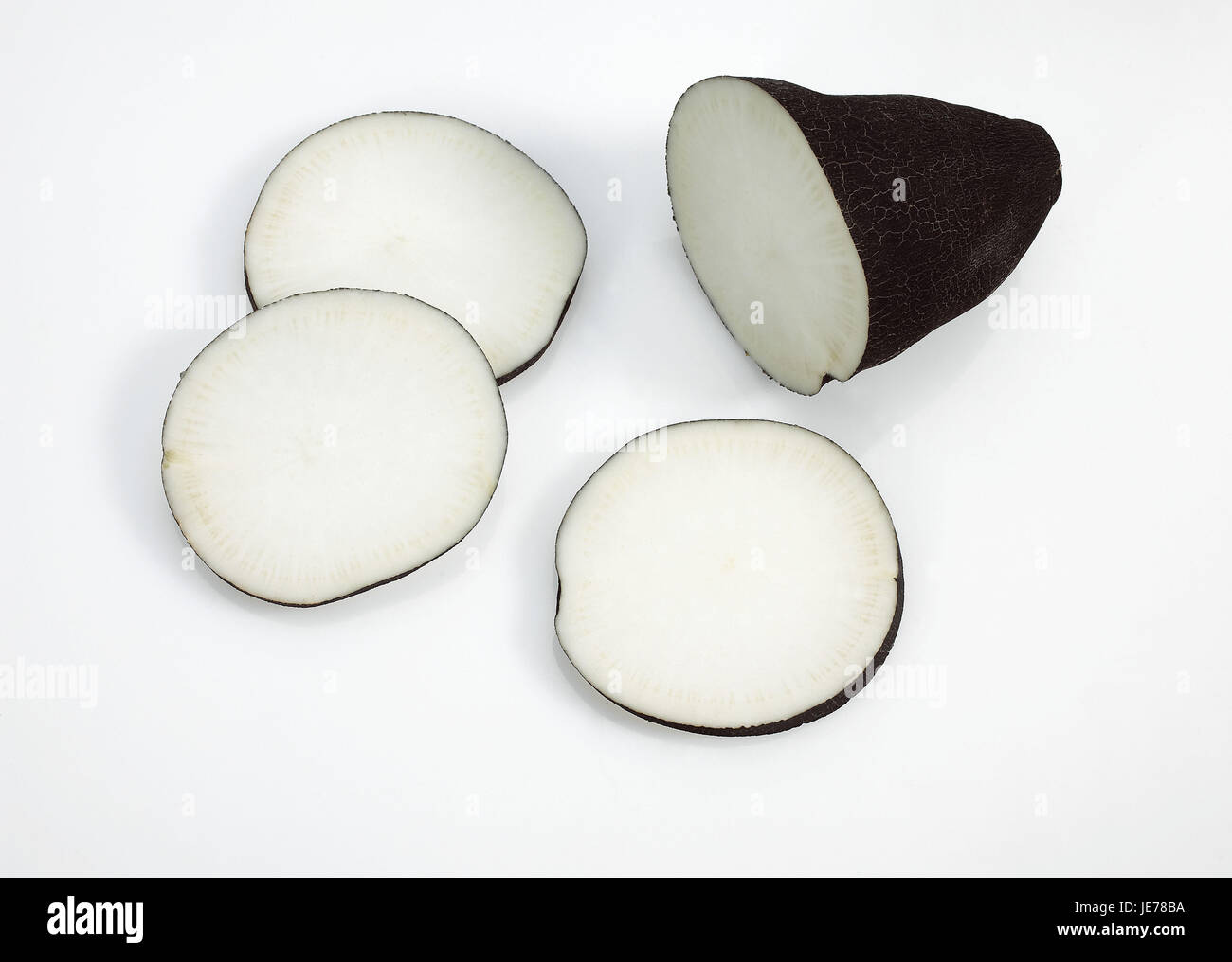 Schwarzer Winter-Rettich, schwarzer Rettich, Raphanus Sativus, Gemüse, weißer Hintergrund, Stockfoto
