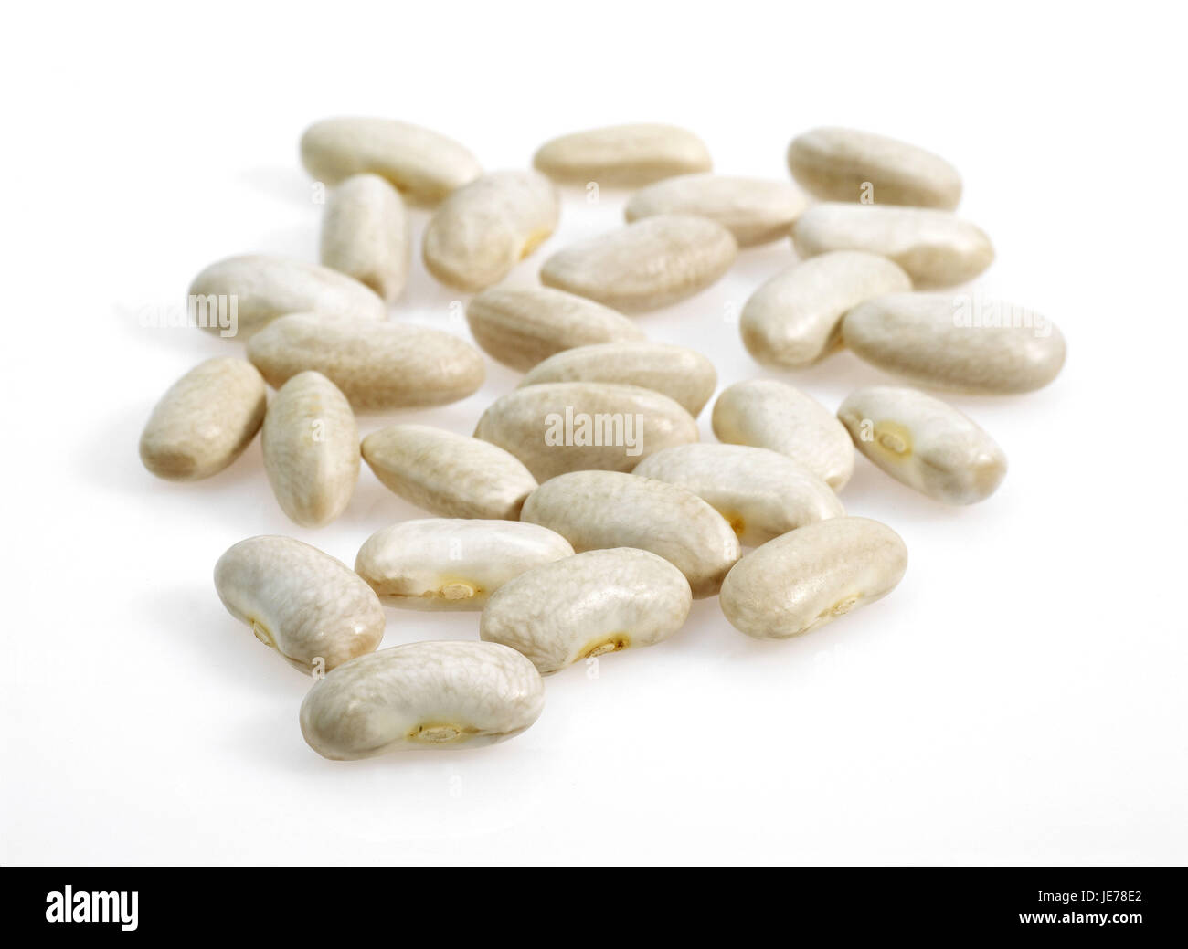 Grüne Bohnen, Phaseolus Vulgaris, Mogette de Vendee, Bohnen, weißer Hintergrund, Stockfoto
