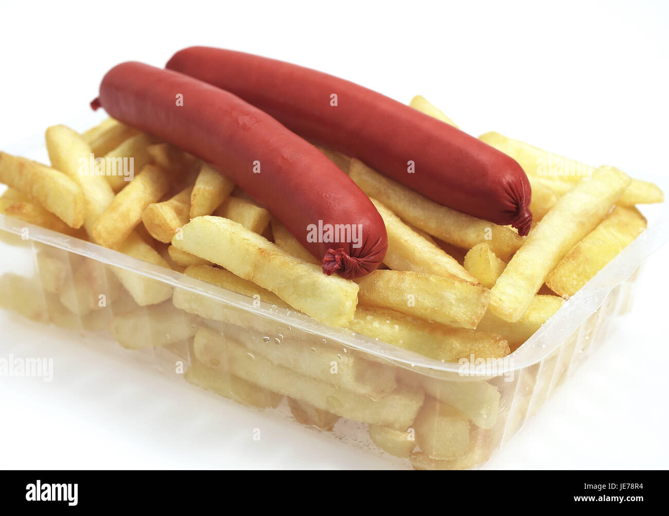 Chips, Würstchen, weißer Hintergrund, Stockfoto