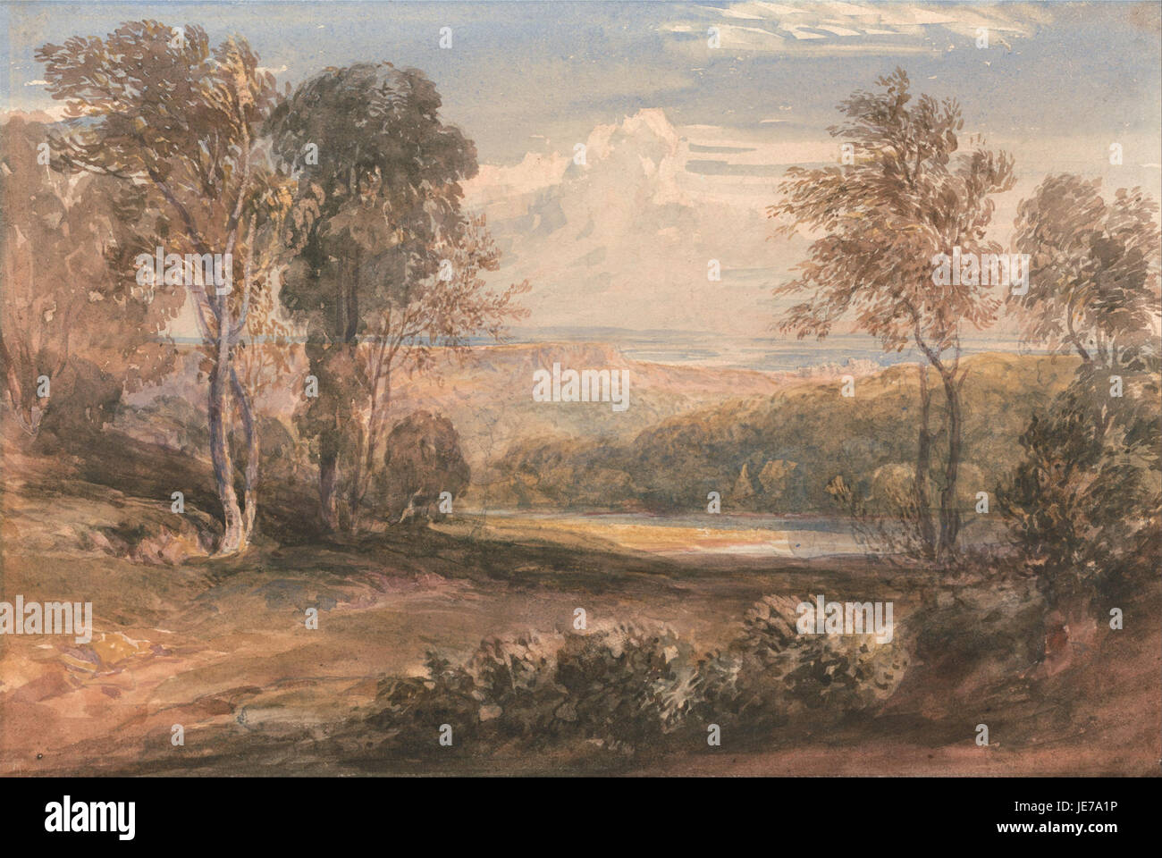 „On the Wye“ von David Cox ist ein Landschaftsgemälde, das den Fluss Wye darstellt. Das Stück fängt die natürliche Schönheit des Flusses mit seinen sanften Hügeln und dem ruhigen Wasser ein und spiegelt die Ruhe der englischen Landschaft wider. Stockfoto