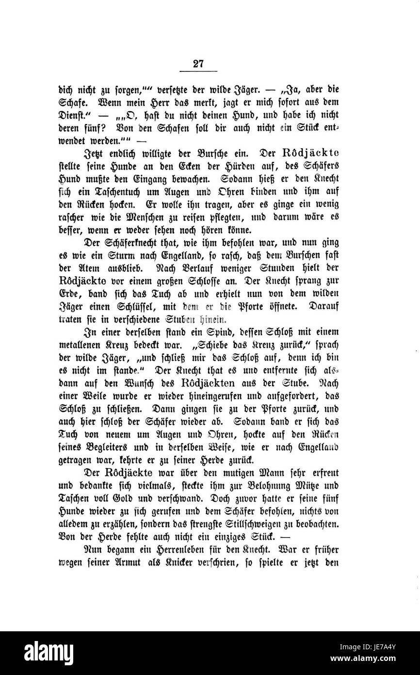 „De Jahn Volkssagen“ bezieht sich auf eine Sammlung deutscher Volksmärchen, die Johann Gottfried von Herder zusammengestellt hat. Dieser spezifische Eintrag, Nummer 027, zeigt die reiche Tradition des Erzählens in der deutschen Kultur und bewahrt Mythen und Legenden aus ländlichen Gemeinden. Stockfoto