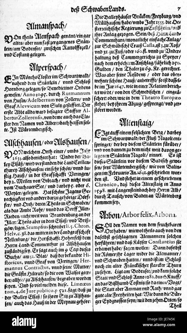 De Merian Sueviae 017 ist eine Illustration aus den Werken des Künstlers Merian, die eine Szene aus der Region Suevia in Süddeutschland darstellt. Das Stück zeigt das Interesse des Künstlers an lokalen Landschaften und Flora. Stockfoto