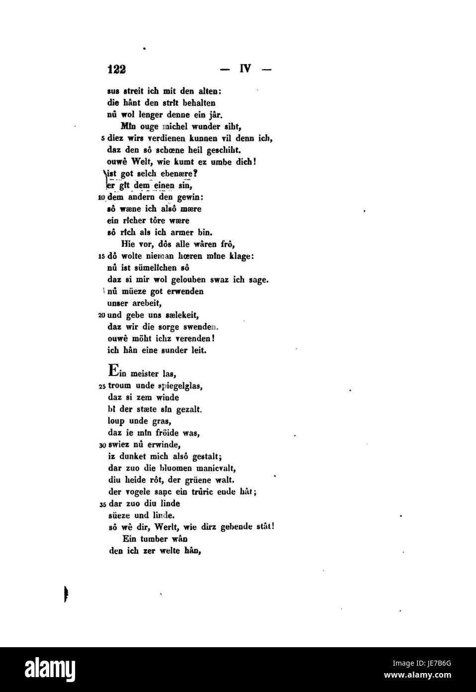 Die Gedichte Walthers von der Vogelweide ist eine Gedichtsammlung des mittelalterlichen deutschen Dichters Walther von der Vogelweide. Das Werk aus dem 14. Jahrhundert zeigt Themen wie Liebe, Politik und menschliche Erfahrung in der mittelalterlichen Gesellschaft. Stockfoto
