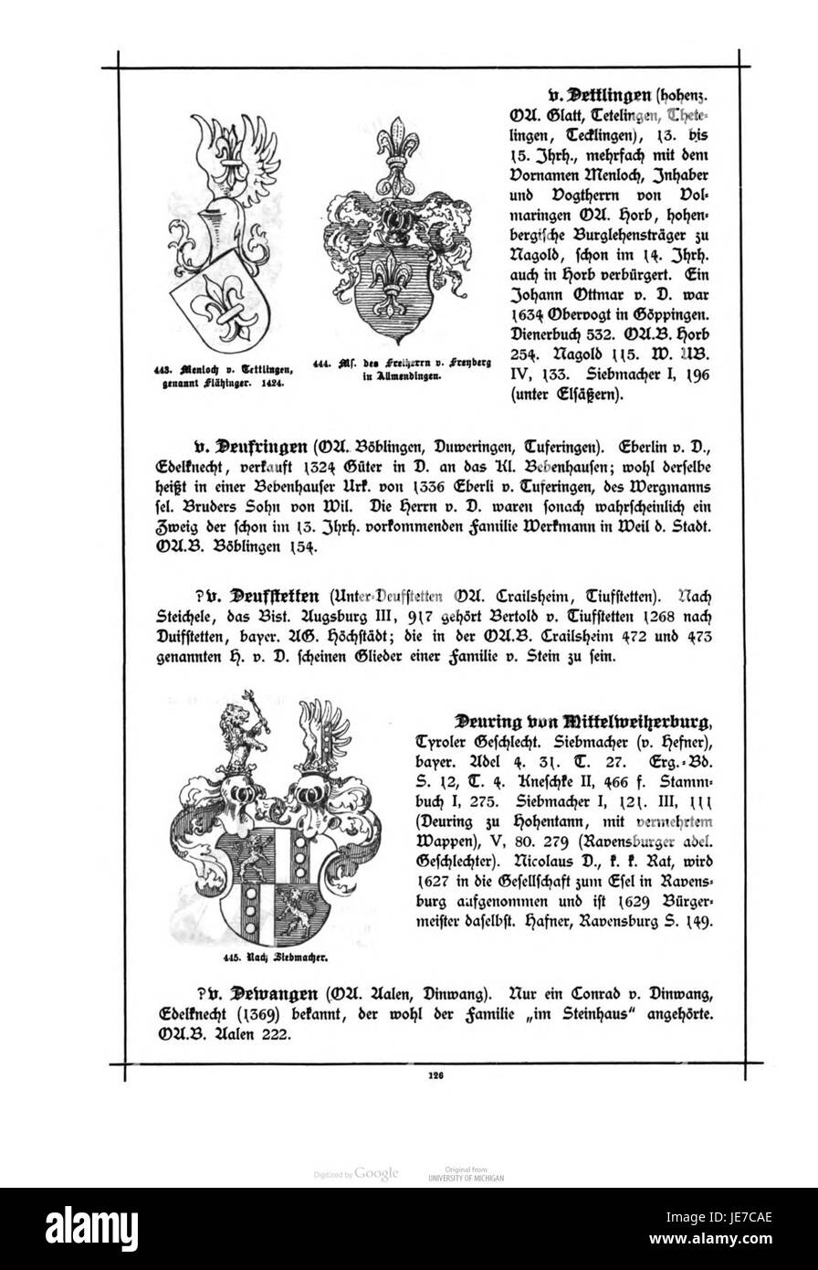 Das Bild zeigt eine Seite aus dem Württembergischen Adels- und Wappenbuch, einem Buch, das Adelsfamilien und Wappen in der Region Württemberg beschreibt. Diese Arbeit ist eine wichtige Quelle für die Erforschung heraldischer Symbole und genealogischer Aufzeichnungen im frühmodernen Europa. Stockfoto