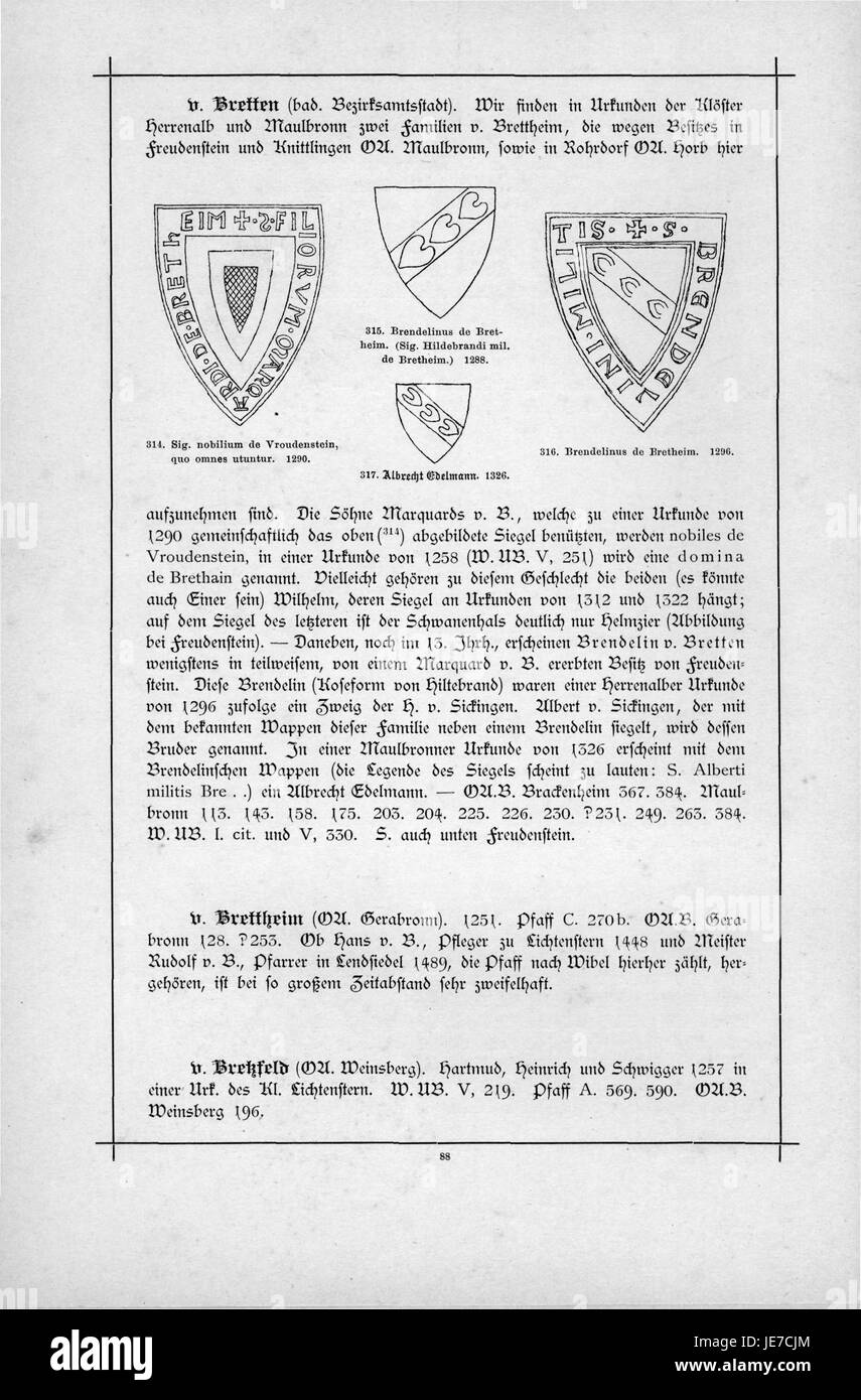 Eine Seite aus dem Alberti Wappenbuch, einem Wappenbuch mit Wappen europäischer Familien. Dieser Eintrag zeigt ein spezifisches Wappen, das das komplizierte Design und die Symbolik zeigt, die typisch für heraldische Traditionen sind. Stockfoto