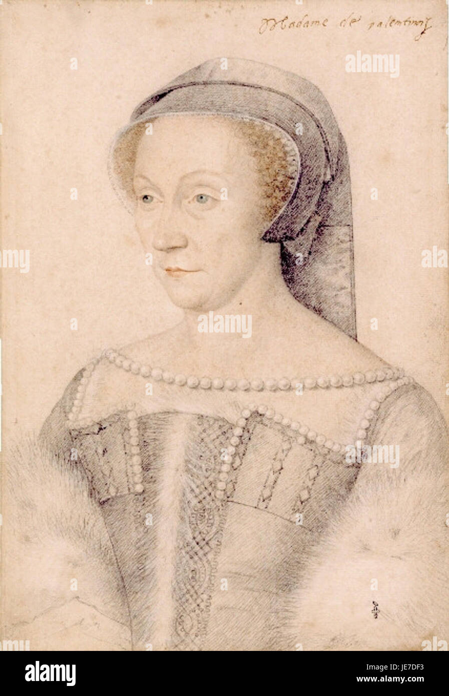 Ein Porträt von Diane de Poitiers, gemalt vom berühmten französischen Künstler Jean Clouet. Das Kunstwerk fängt die Eleganz und den Adel eines der berühmtesten französischen Höflinge der Renaissance ein. Stockfoto