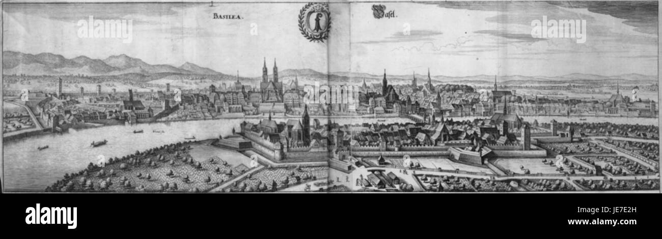 Das Bild zeigt eine historische Darstellung von Basel, Schweiz, aus dem Werk Merians. Die Abbildung bietet einen Blick auf die Architektur und das Layout der Stadt im 17. Jahrhundert. Stockfoto