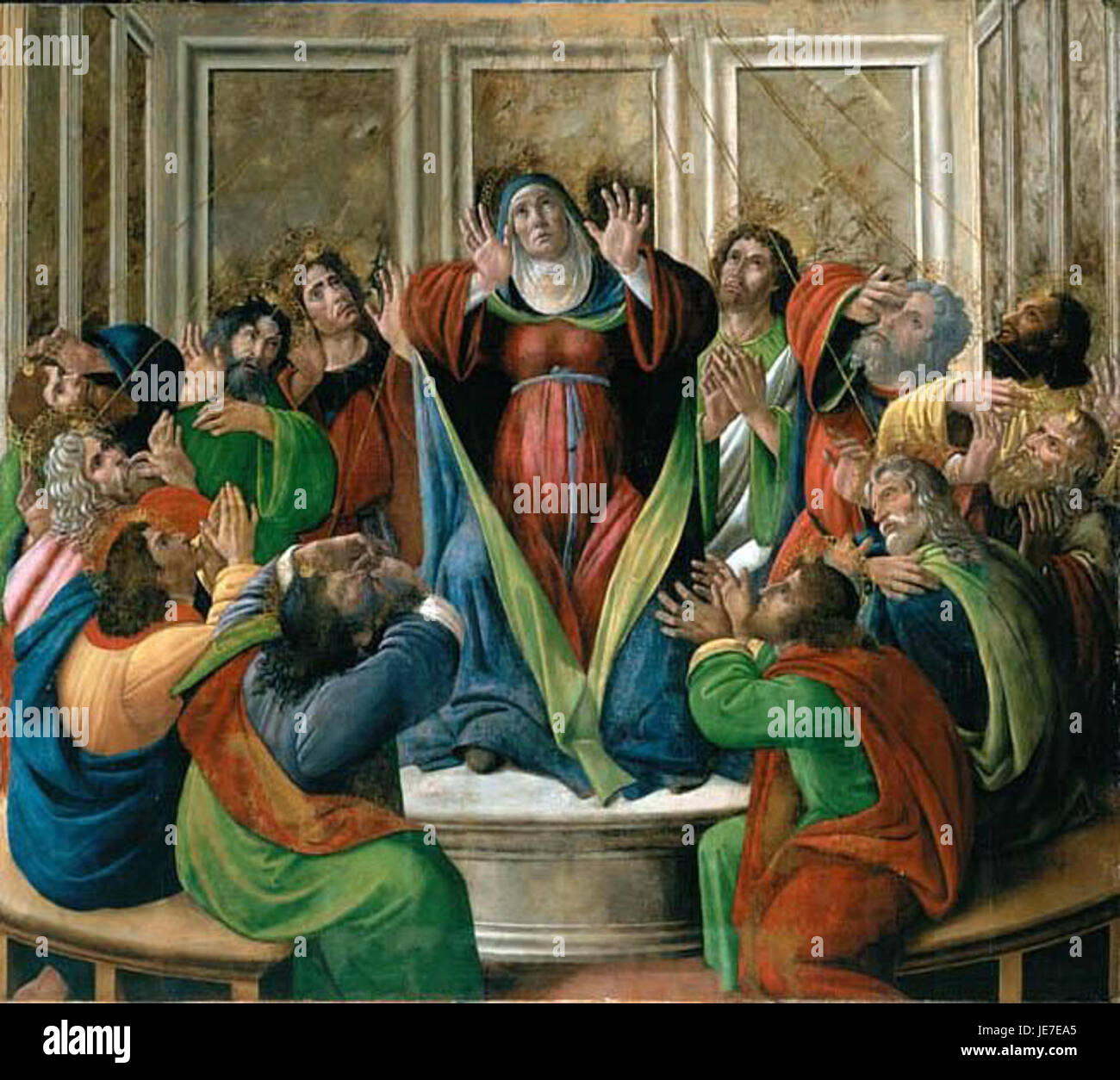 Dieses Kunstwerk stammt von dem italienischen Maler Sandro Botticelli und ist Teil einer Sammlung in Birmingham, Großbritannien. Botticelli, bekannt für seine ikonischen Renaissance-Werke, stellt klassische Themen, Schönheit und Mythologie in seinem charakteristischen Stil dar. Stockfoto