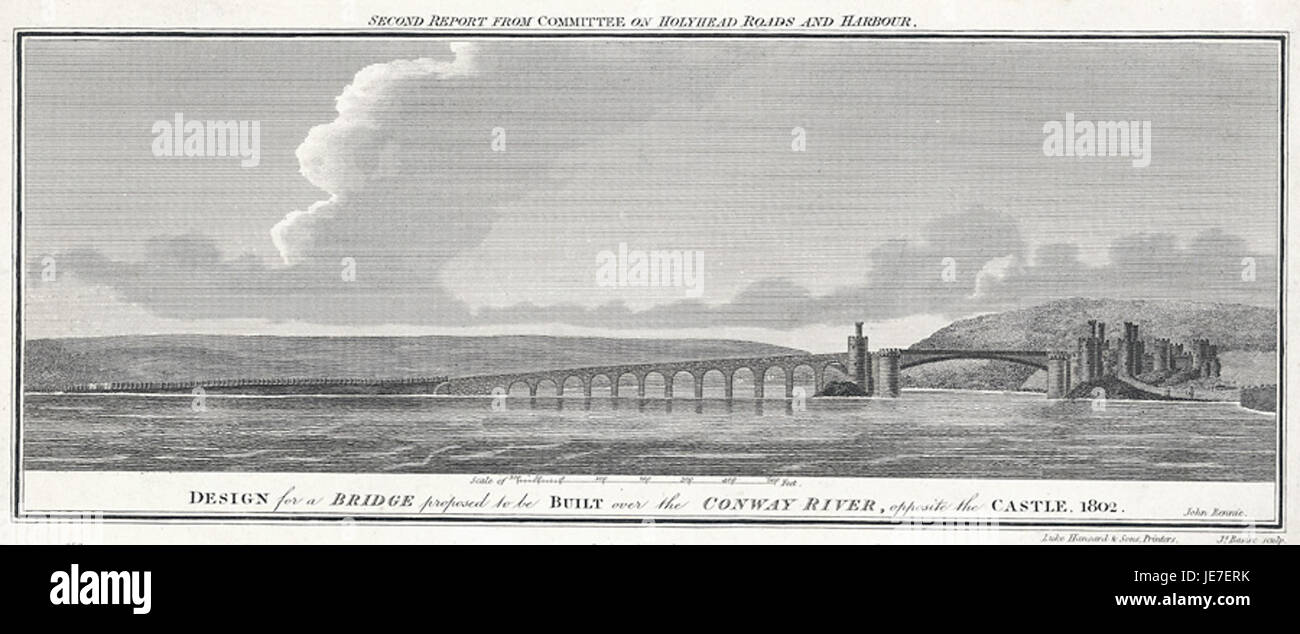 Entwurf für eine Brücke über den Fluss Conway, gegenüber der Burg 1802 gebaut werden soll Stockfoto