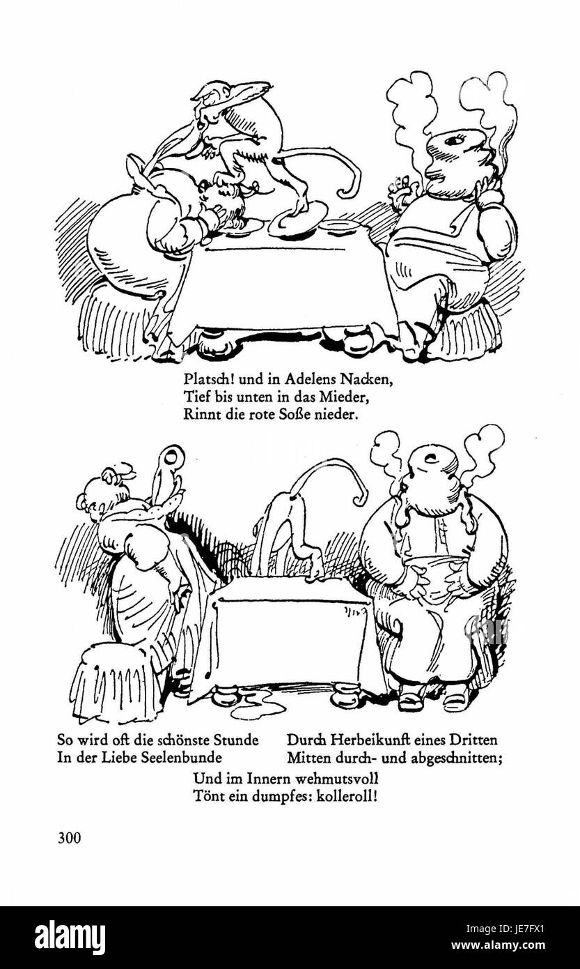 Das Bild stammt von Busch Werken, einer Serie, die Arbeiten des deutschen Künstlers Busch dokumentiert. Dieses Stück stammt aus Band 3, Seite 298, der Buschs unverwechselbaren Holzschnitt- und Illustrationsstil zeigt. Stockfoto