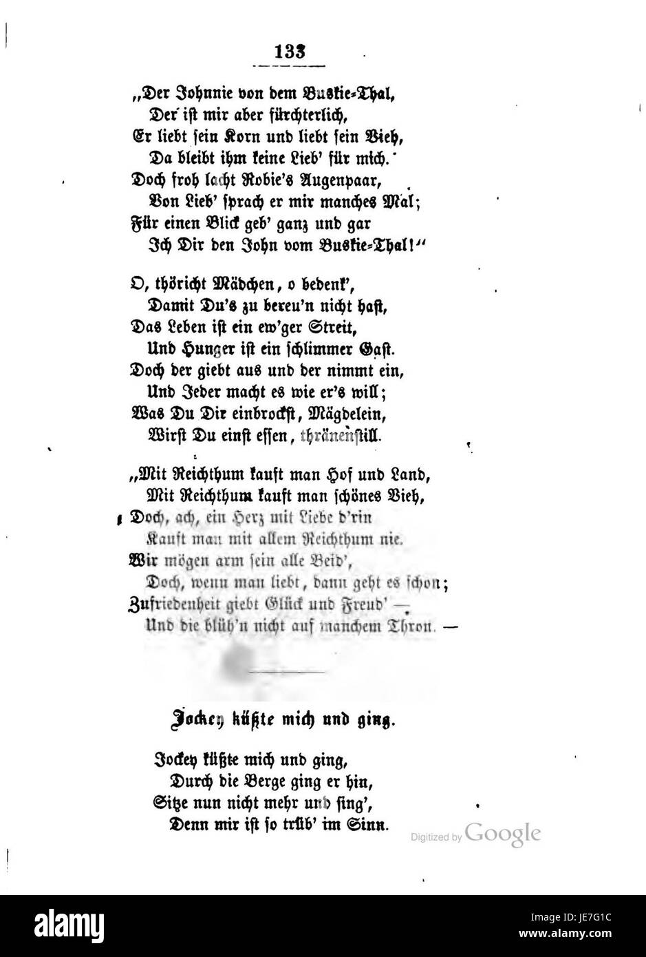 Burns Lieder und Balladen 133 bezieht sich auf eine Sammlung von Liedern und Balladen des schottischen Dichters Robert Burns. Dieser Eintrag bezieht sich wahrscheinlich auf ein bestimmtes Stück innerhalb der Sammlung, das für seine Darstellung der schottischen Kultur, Volksthemen und Romantik in der Literatur bekannt ist. Stockfoto