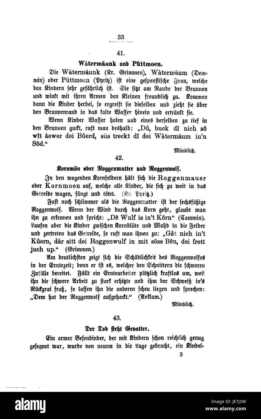 Eine Seite aus „Volks-Sagen“ von Johann Gottfried von Herder, die eine deutsche Volksgeschichte zeigt, die die kulturellen Traditionen und das mündliche Erzählerbe der Region widerspiegelt. Stockfoto