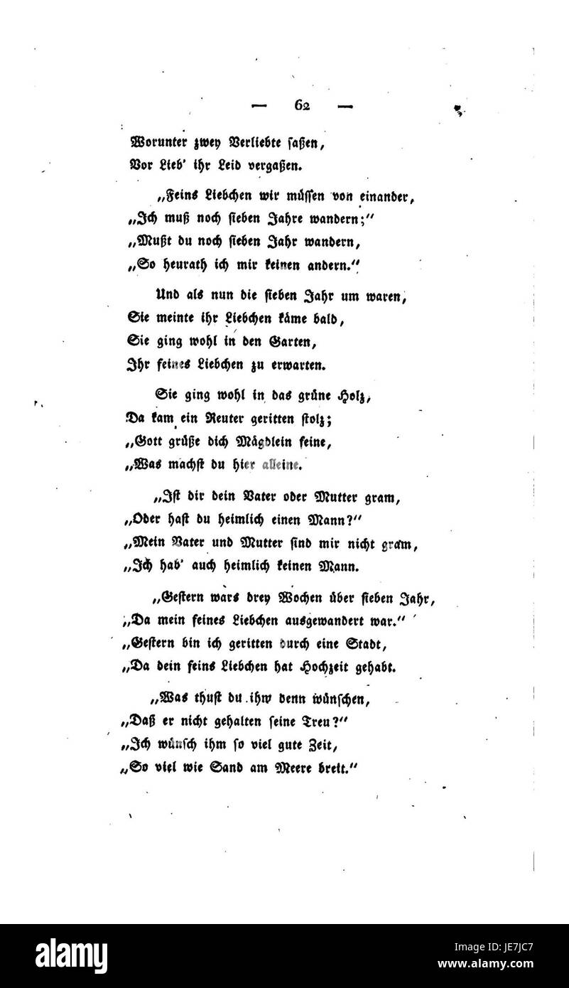 Eine Seite aus der Sammlung „des Knaben Wunderhorn“, die ein deutsches Volkslied oder Gedicht zeigt. Die Sammlung beleuchtet Themen der deutschen Folklore und der traditionellen Musik. Stockfoto