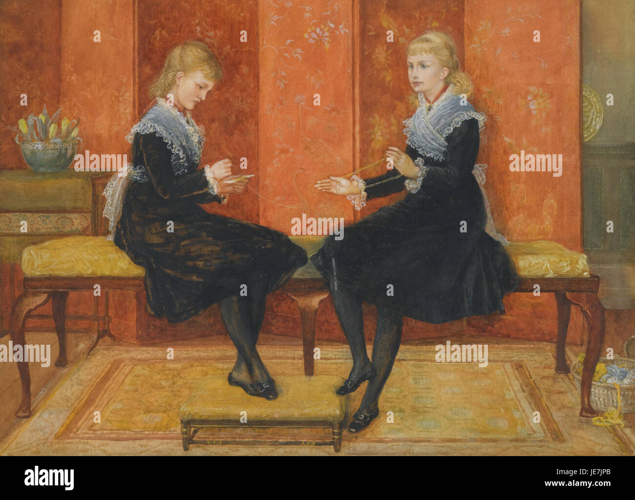 Violet and Lily ist ein Kunstwerk von Walter T. Crane, das zwei Blumen in einem zarten, detaillierten Stil darstellt. Das Stück betont die natürliche Schönheit und die komplizierten Muster der Blumen. Stockfoto
