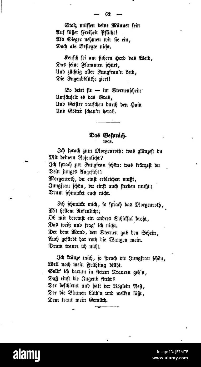 Es handelt sich um eine Publikation von „Gedichte“ von Arndt aus dem Jahr 1860, die eine Sammlung von Gedichten präsentiert, die sich mit deutscher nationaler Identität, Patriotismus und kulturellen Werten des 19. Jahrhunderts beschäftigen. Stockfoto