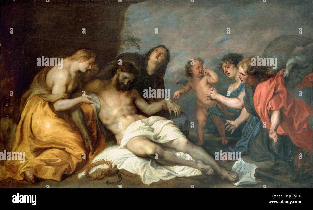 „Lamentation over the Dead Christ“ von Anthony van Dyck ist ein barockes Gemälde, das die Trauer der Anhänger Christi darstellt, während sie um seinen Tod trauern. Das Werk ist bekannt für seine dramatische Verwendung von Licht und Schatten sowie für seine emotionale Intensität. Stockfoto
