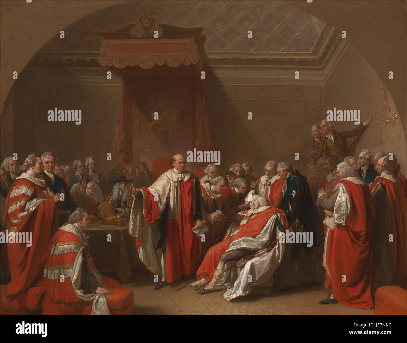 „The Death of Chatham“ von Benjamin West zeigt den Tod des britischen Staatsmannes William Pitt, des Älteren, und ist bekannt für seine dramatische Darstellung des Augenblicks. Das Gemälde spiegelt die emotionalen und politischen Wirren der Epoche wider. Stockfoto