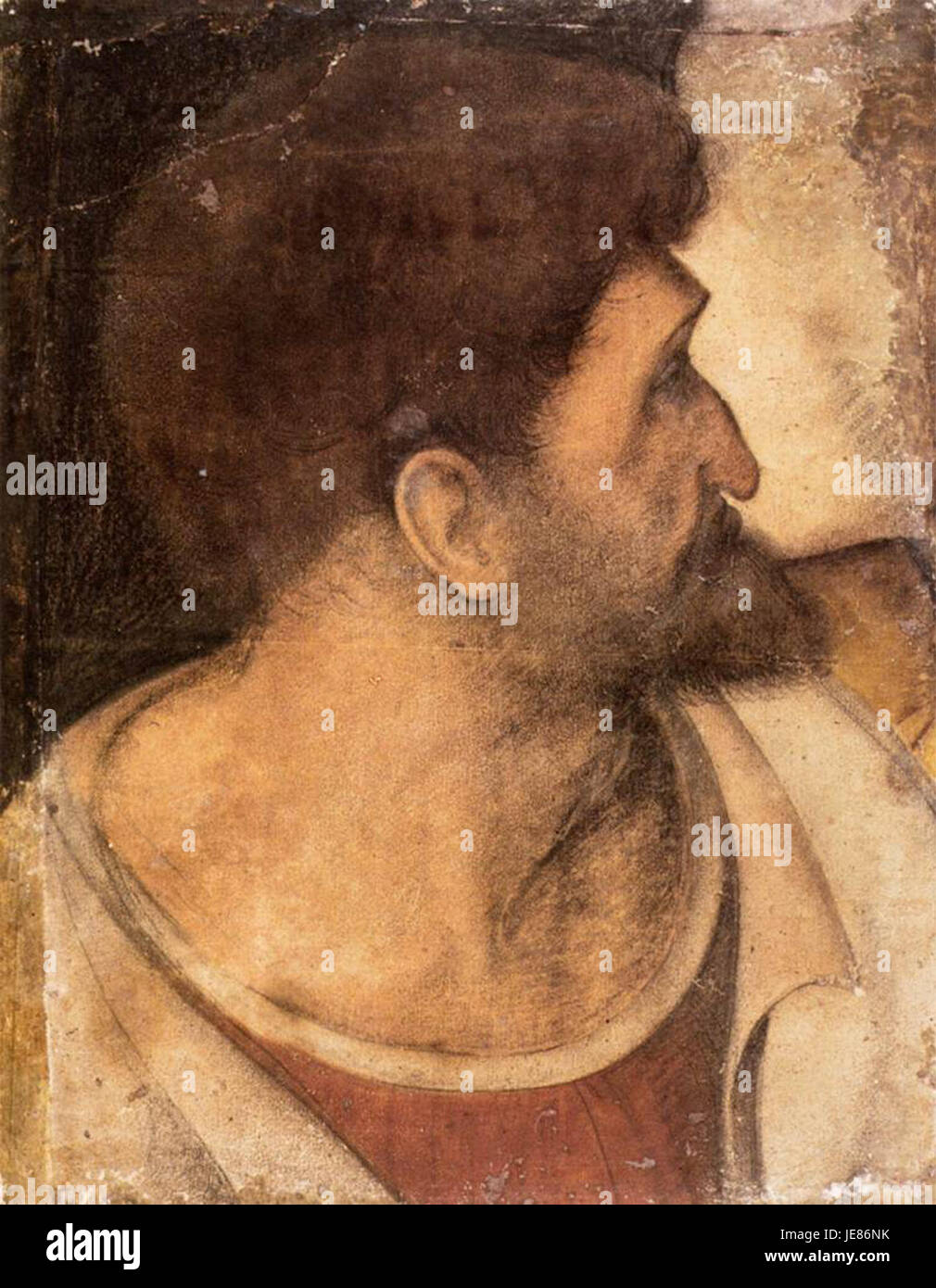 Dieses Kunstwerk, das Boltraffic nach Leonardo da Vinci zugeschrieben wird, zeigt den Kopf des Judas. Es handelt sich um eine Untersuchung des emotionalen Ausdrucks und der Merkmale der biblischen Figur des Judas, wahrscheinlich ein vorbereitendes Werk für eine größere Komposition. Das Stück spiegelt den Einfluss von da Vincis Techniken und Stil wider und konzentriert sich dabei auf Gesichtszüge und psychologische Tiefe. Stockfoto