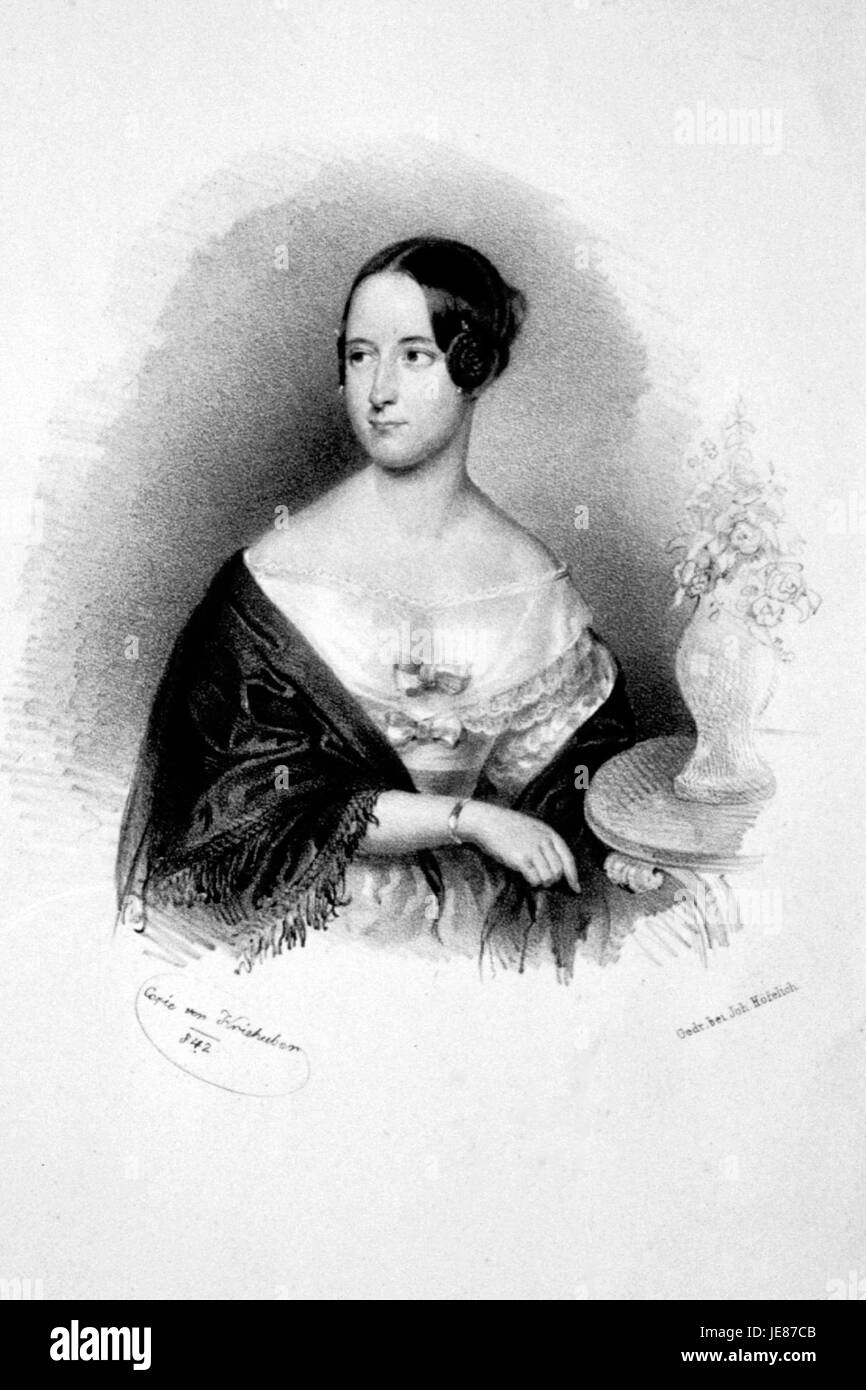 Anna Harrachs Lithografie zeigt feine Details einer historischen oder natürlichen Szene, wobei die lithographische Technik für künstlerischen Ausdruck verwendet wird. Das Werk veranschaulicht detaillierte, handgefertigte Druckverfahren in der Kunst des 19. Jahrhunderts. Stockfoto