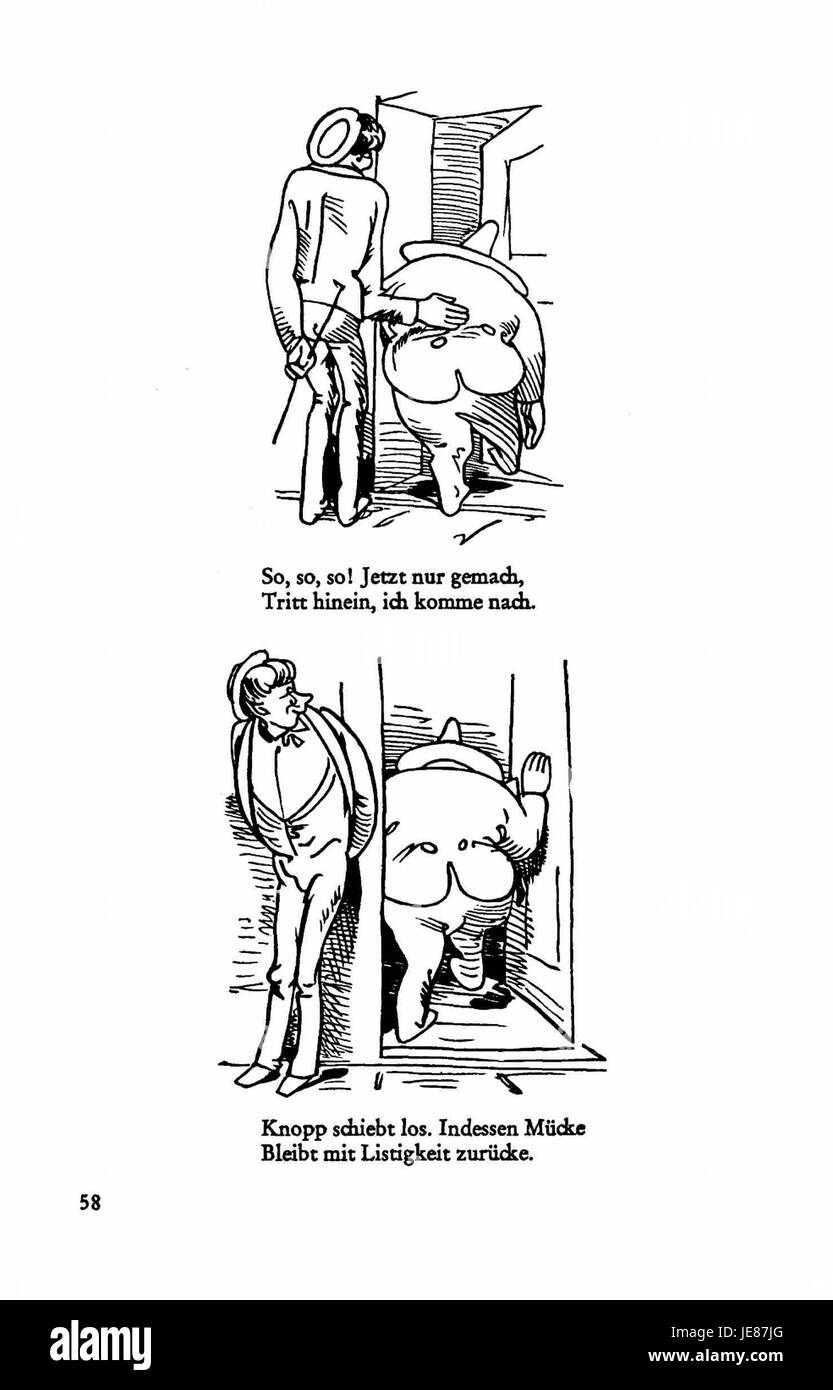 Diese Illustration aus den Busch Werken v3 S. 056 zeigt eine detaillierte Szene aus der deutschen Folklore und zeigt traditionelle Bräuche und kulturelle Praktiken im Deutschland des 19. Jahrhunderts. Stockfoto