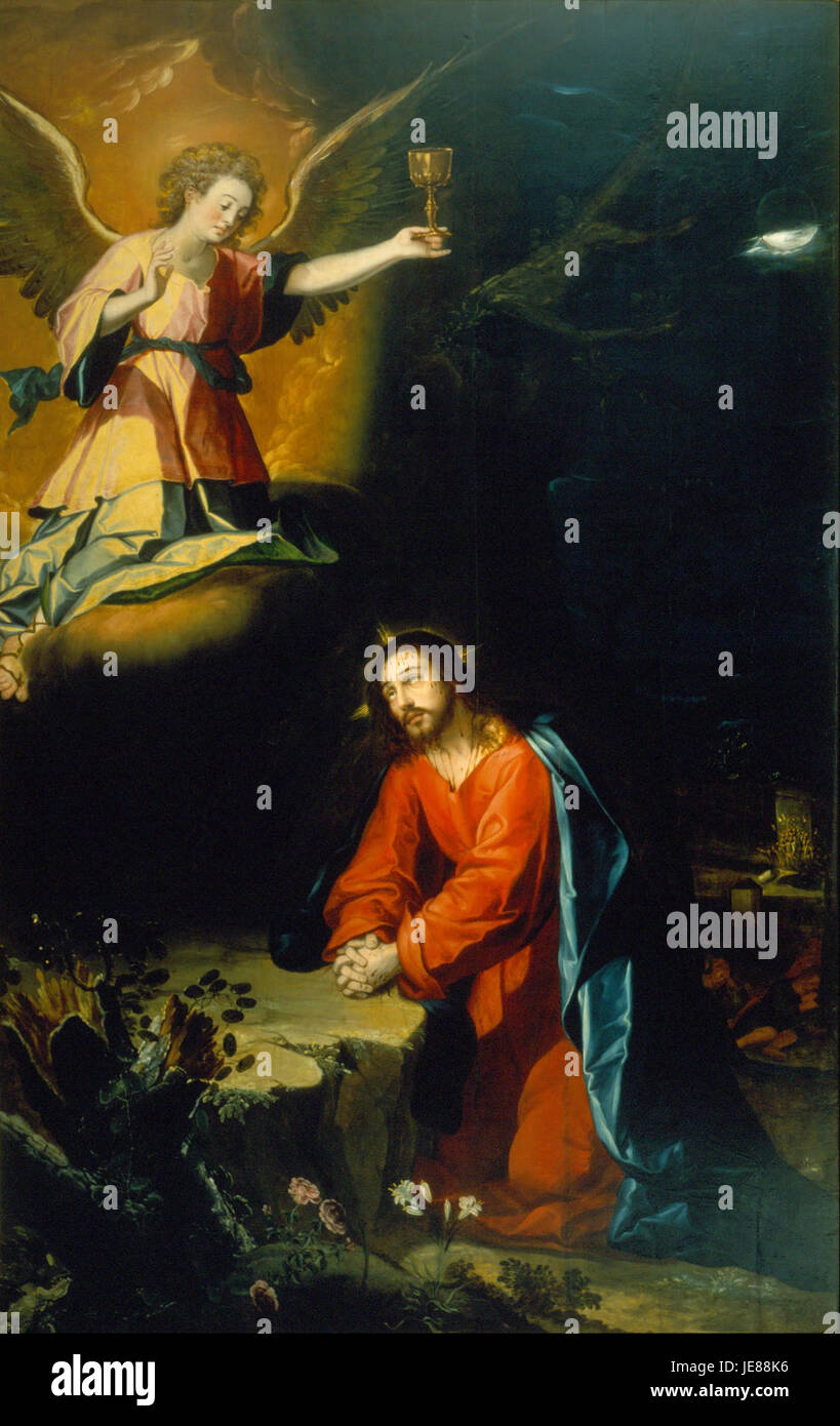Das Gebet im Garten zeigt Jesus, der im Garten Gethsemane betet, kniend mit gefalteten Händen, mit roter Tunika und blauem Mantel. Ein Engel bietet einen Kelch an, der das bevorstehende Opfer symbolisiert. Die Komposition stellt den irdischen und den himmlischen Reichen gegenüber, beeinflusst von spanischen und flämischen Renaissance-Stilen. Stockfoto