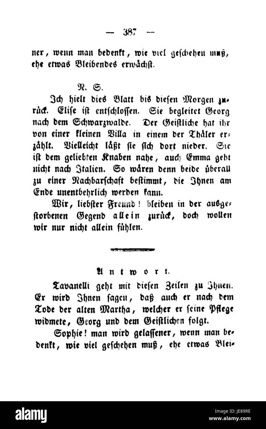 Eine Seite aus „de Resignation“ von Fouqué, einem literarischen Werk, das sich mit Themen der Resignation und der persönlichen Transformation beschäftigt und die deutsche Literaturbewegung des 19. Jahrhunderts reflektiert. Stockfoto