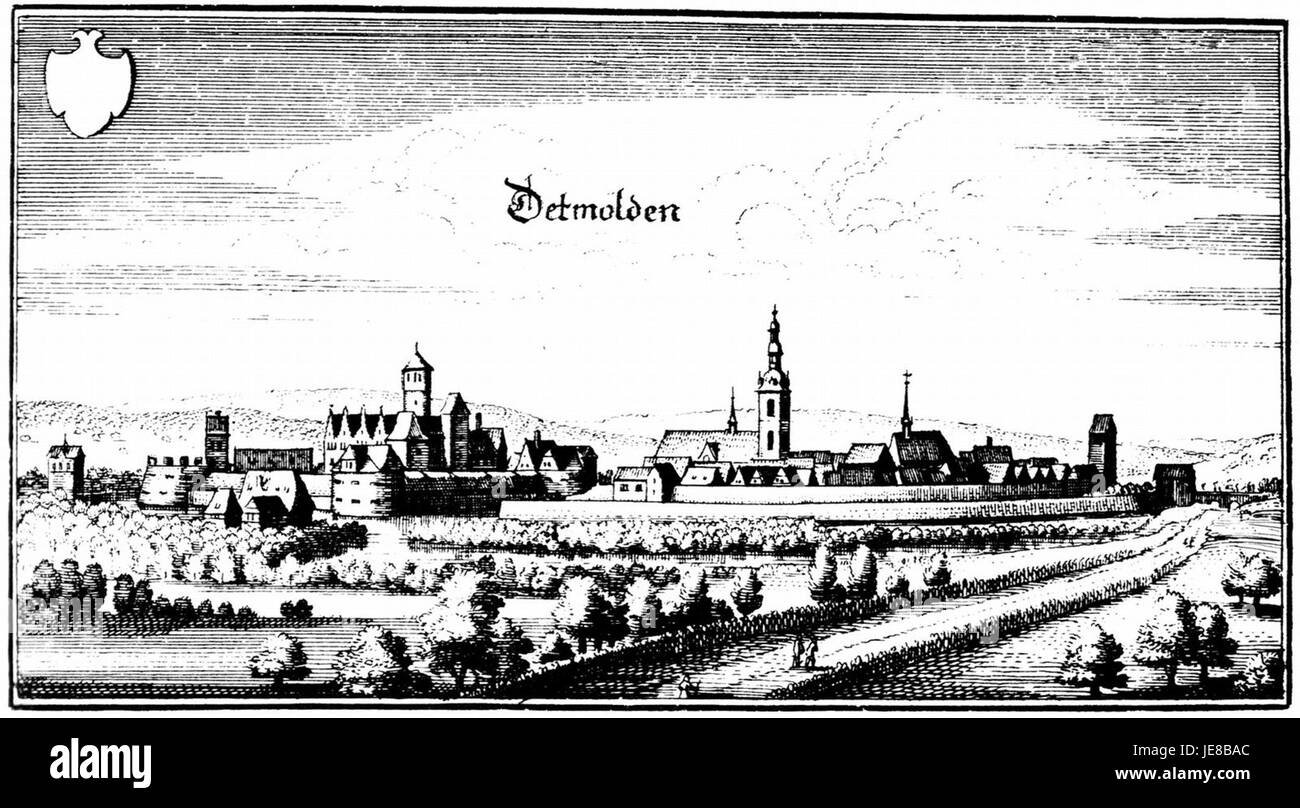 Dieser detailreiche Stich von Merian aus dem Jahr 1647 zeigt die Stadt Detmold in Deutschland. Das Werk ist Teil einer Reihe detaillierter Illustrationen von Städten und Landschaften, die das historische Layout und die Architektur des Gebiets zeigen. Stockfoto