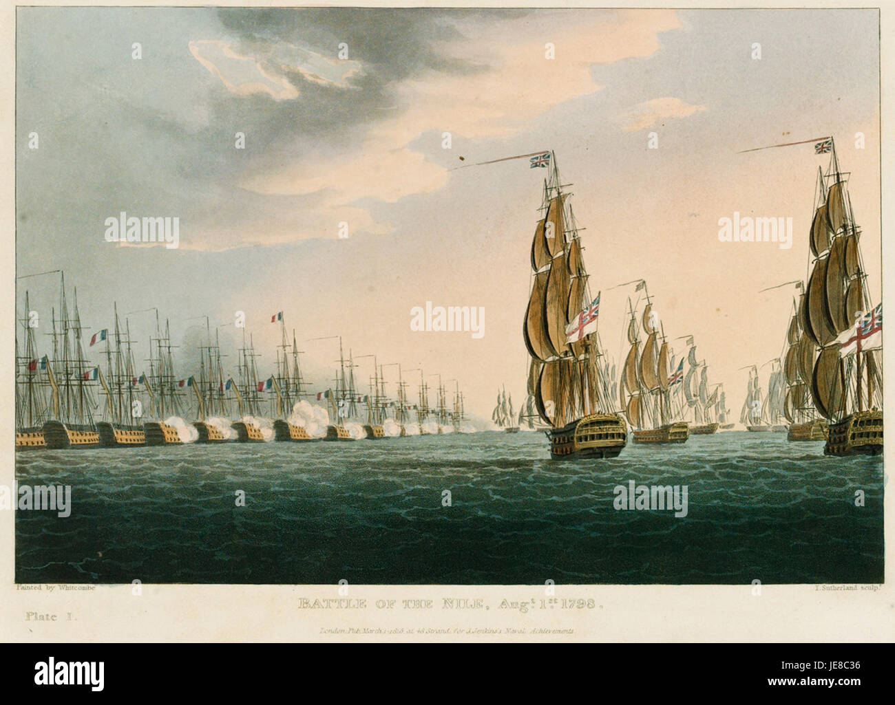 Die Schlacht am Nil, die 1798 vom Künstler Whitcombe gekämpft wurde, veranschaulicht die Auseinandersetzung zwischen der britischen Royal Navy und der französischen Flotte während der Französischen Unabhängigkeitskriege. Stockfoto