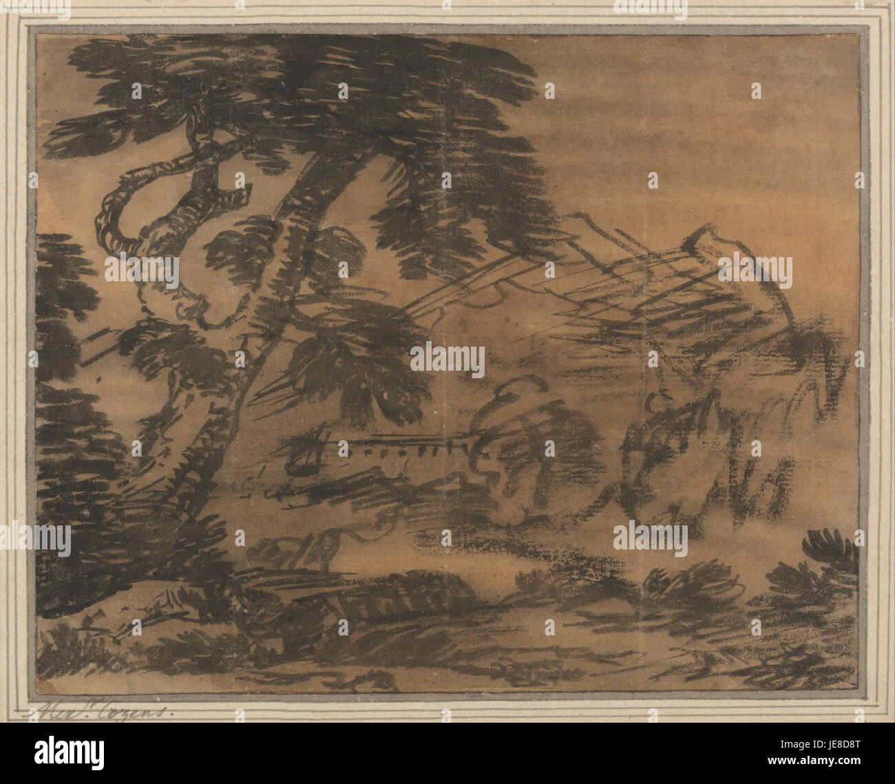 *Tree and Distant Hills* ist ein Landschaftsgemälde von Alexander Cozens, einem englischen Künstler, der für seine Aquarelle und Landschaftskompositionen bekannt ist. Dieses Werk demonstriert seine Verwendung von Licht und Schatten und hebt die natürliche Schönheit der englischen Landschaft hervor. Stockfoto