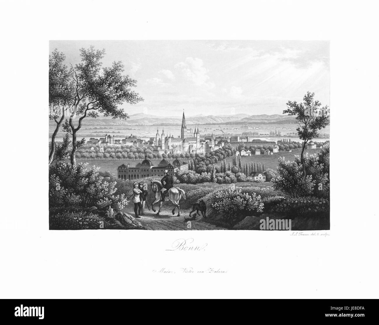 „Andenken an den Rhein“ (1840) ist ein Kunstwerk, das den Rhein darstellt, mit dem Schwerpunkt auf die natürliche Schönheit und kulturelle Bedeutung des Flusses in Deutschland. Das Stück veranschaulicht die malerische Landschaft und die Bedeutung des Rheins in der deutschen Geschichte. Stockfoto