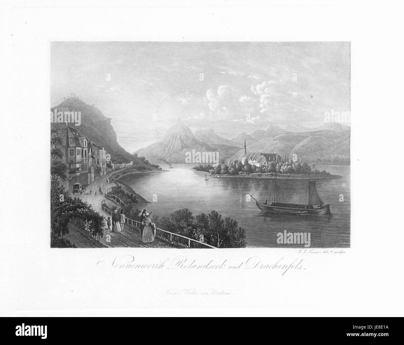 Das Bild zeigt „Andenken an den Rhein“, ein Gemälde aus dem Jahr 1840, das die landschaftliche Schönheit des Rheins und seine kulturelle Bedeutung in der deutschen Kunst einfängt. Stockfoto