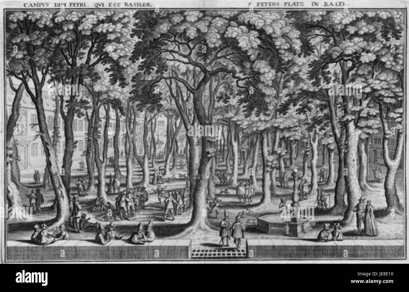Ein Bild aus Merians „Basel 4“, das wahrscheinlich detaillierte Darstellungen der Landschaft, Architektur oder natürlichen Umgebung der Stadt zeigt und die Gravurfähigkeiten des 17. Jahrhunderts zeigt. Stockfoto